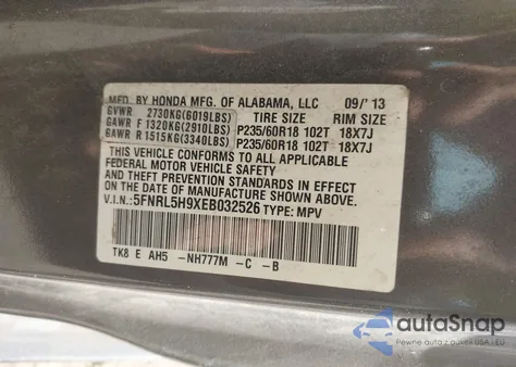 2014 Honda Odyssey Touring/Touring Elite from USA, damaged, VIN 5FNRL5H9XEB032526